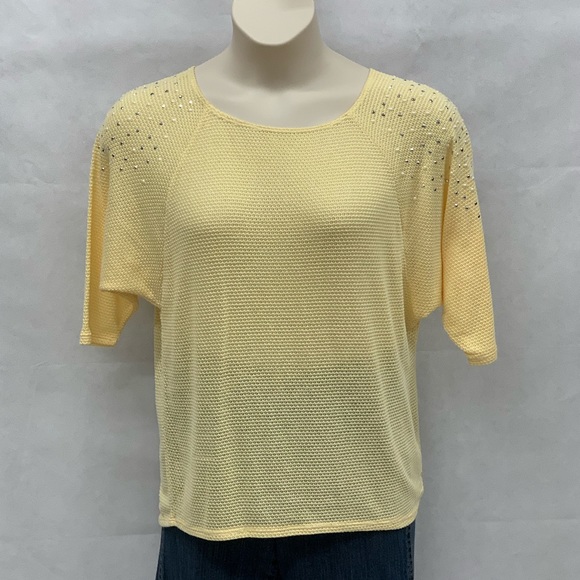 SJS Tops - SJS yellow knit top with pearls and silver accents